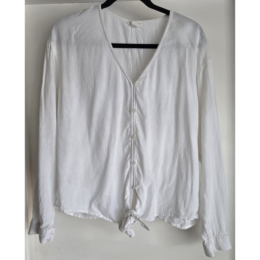 Caslon Linen Blend Button-Up Shirt Women M White V-Neck Long Sleeve Coastal